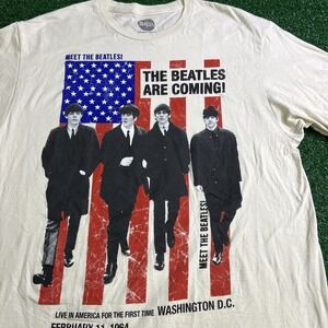 The Beatles The Beatles Are Coming US Tour Shirt Beige Short Sleeve Size Mens XL
